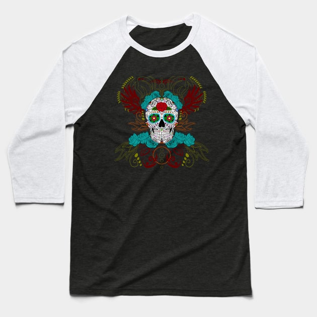 Calavera Sugar Skull Baseball T-Shirt by RongWay